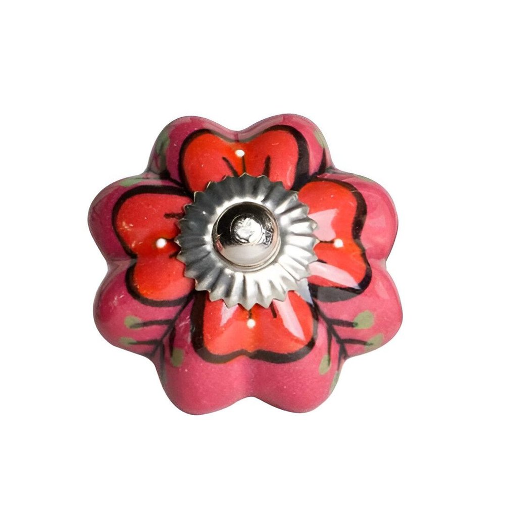Set of Twelve Red Pink And Green Floral Ceramic Drawer Pull Knobs HomeRoots