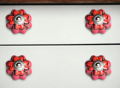 Set of Twelve Red Pink And Green Floral Ceramic Drawer Pull Knobs HomeRoots