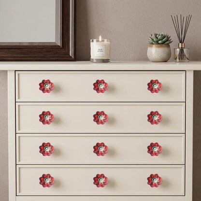 Set of Twelve Red Pink And Green Floral Ceramic Drawer Pull Knobs HomeRoots