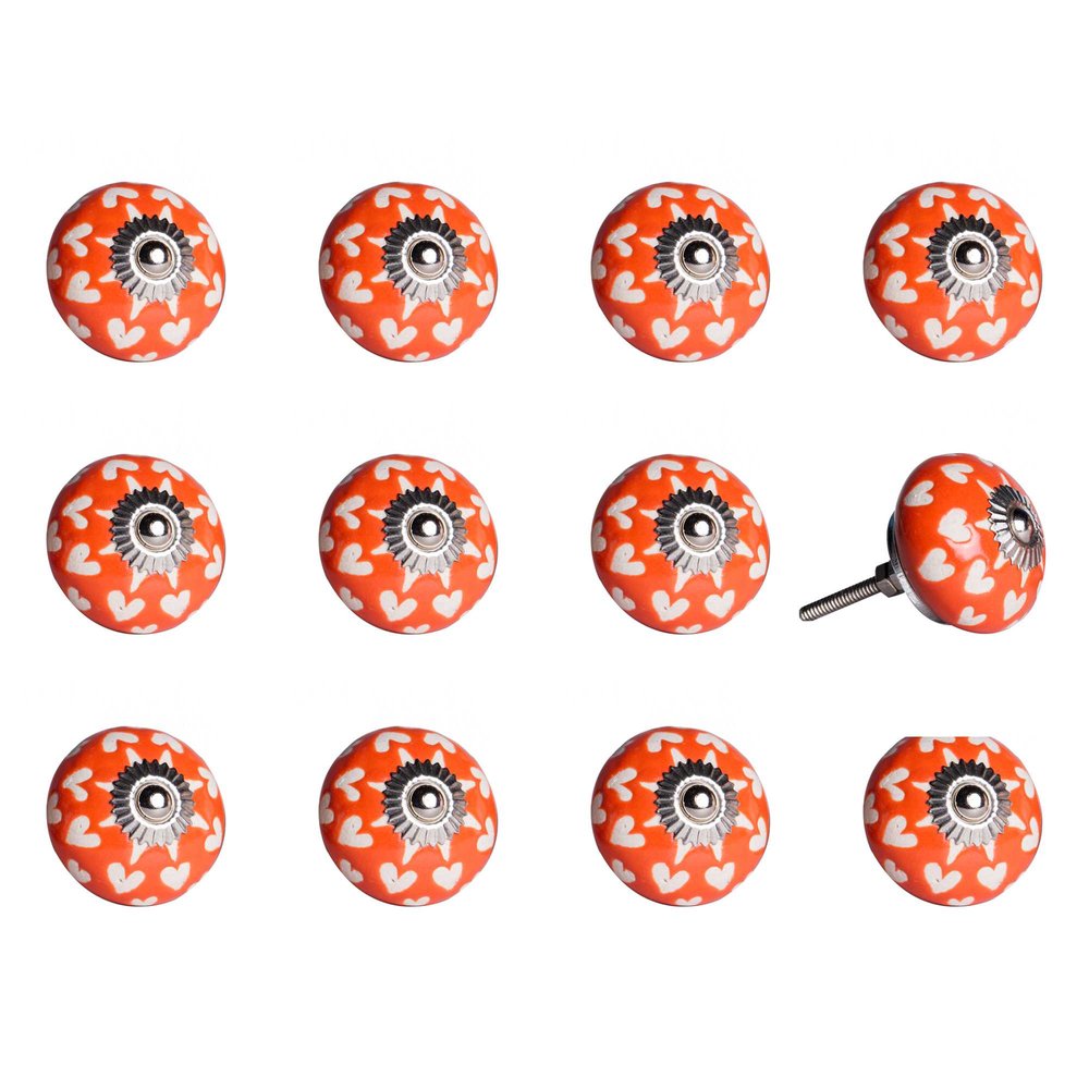 Set of Twelve Orange White And Silver Floral Ceramic Drawer Pull Knobs HomeRoots