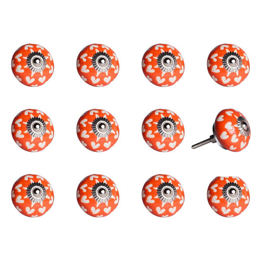 Set of Twelve Orange White And Silver Floral Ceramic Drawer Pull Knobs HomeRoots