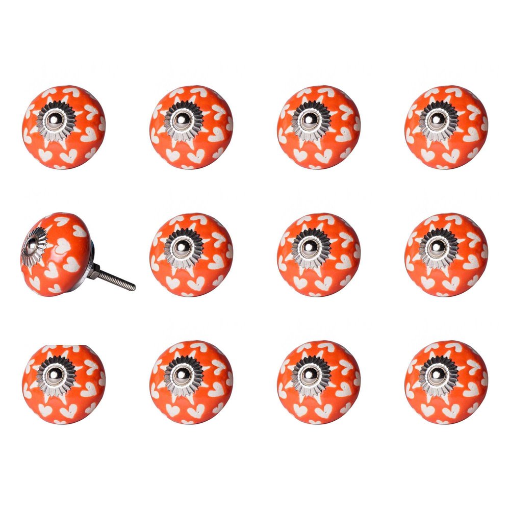 Set of Twelve Orange White And Silver Floral Ceramic Drawer Pull Knobs HomeRoots