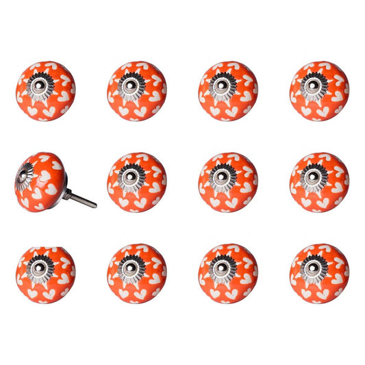 Set of Twelve Orange White And Silver Floral Ceramic Drawer Pull Knobs HomeRoots