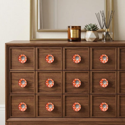 Set of Twelve Orange White And Silver Floral Ceramic Drawer Pull Knobs HomeRoots