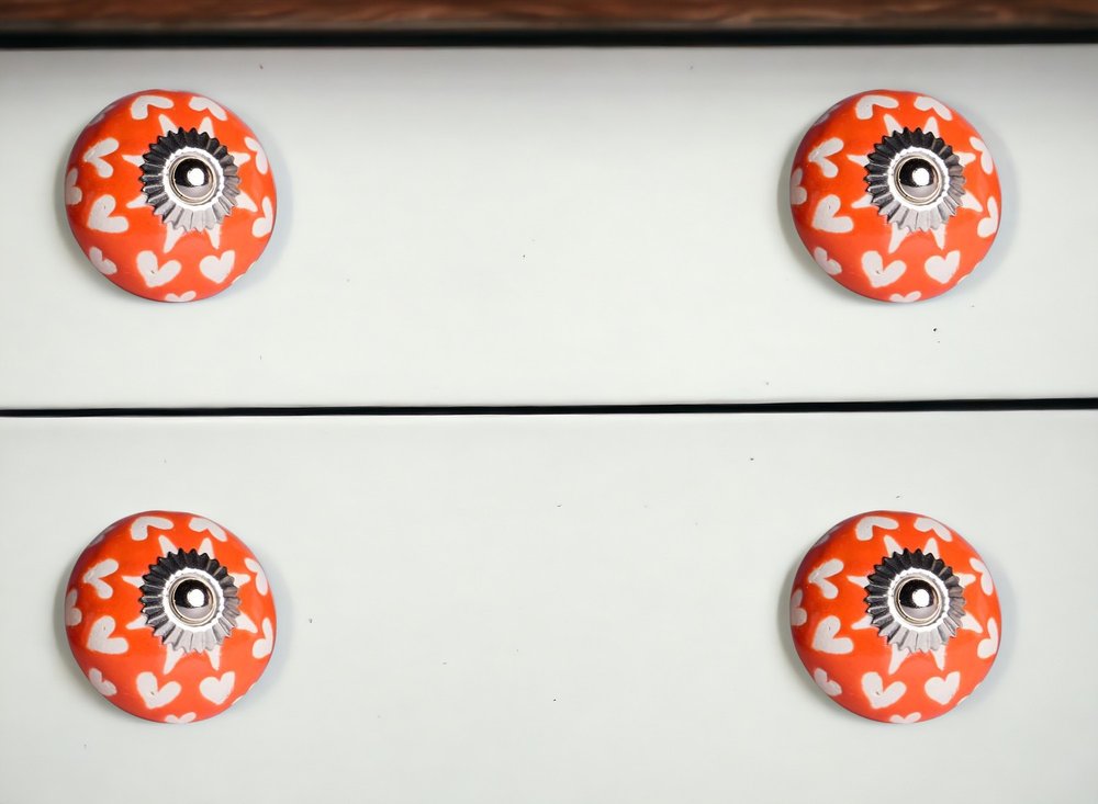 Set of Twelve Orange White And Silver Floral Ceramic Drawer Pull Knobs HomeRoots