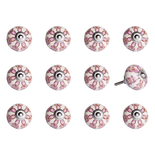 Set of Twelve Pink White And Burgundy Floral Ceramic Drawer Pull Knobs HomeRoots