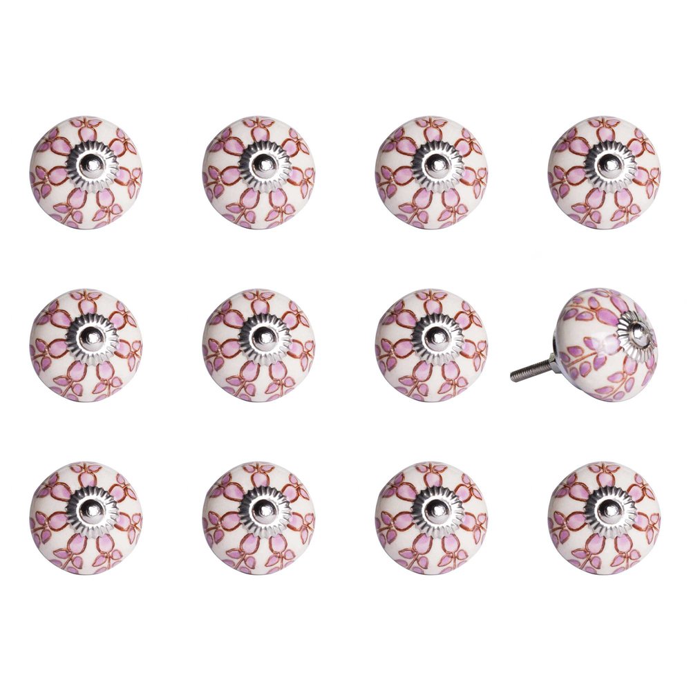 Set of Twelve Pink White And Burgundy Floral Ceramic Drawer Pull Knobs HomeRoots