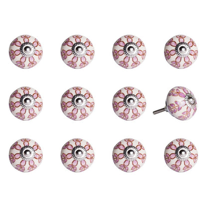 Set of Twelve Pink White And Burgundy Floral Ceramic Drawer Pull Knobs HomeRoots