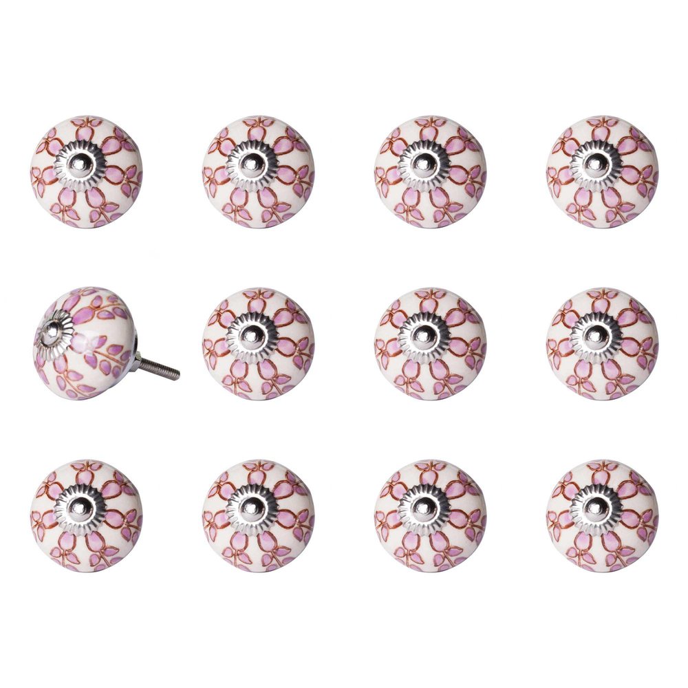 Set of Twelve Pink White And Burgundy Floral Ceramic Drawer Pull Knobs HomeRoots
