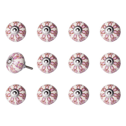 Set of Twelve Pink White And Burgundy Floral Ceramic Drawer Pull Knobs HomeRoots