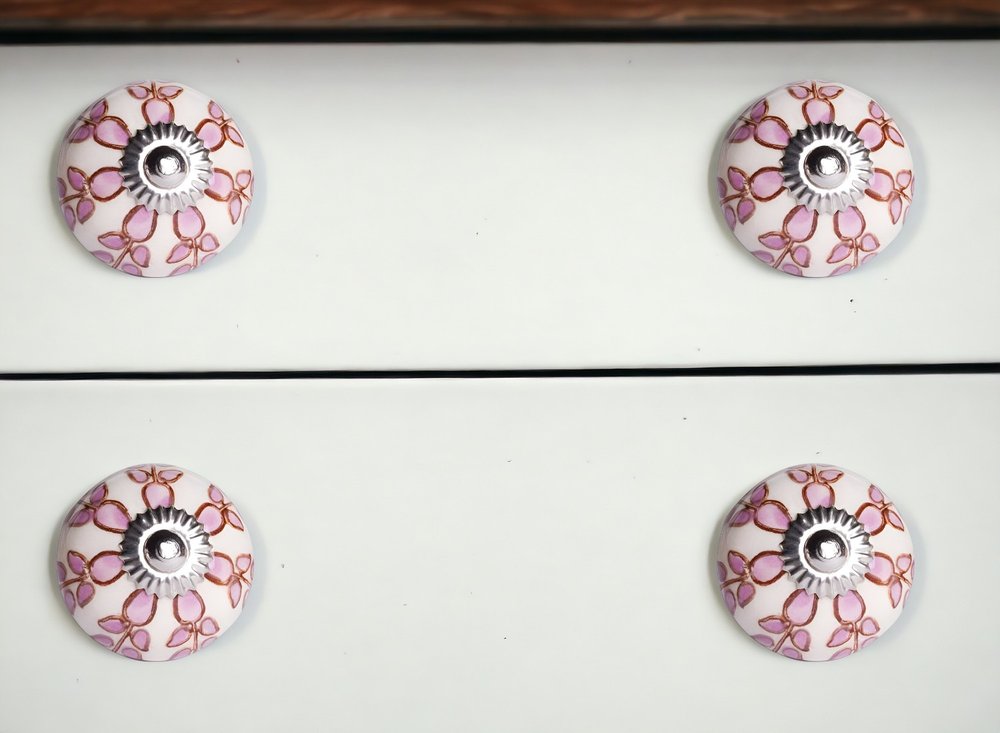 Set of Twelve Pink White And Burgundy Floral Ceramic Drawer Pull Knobs HomeRoots