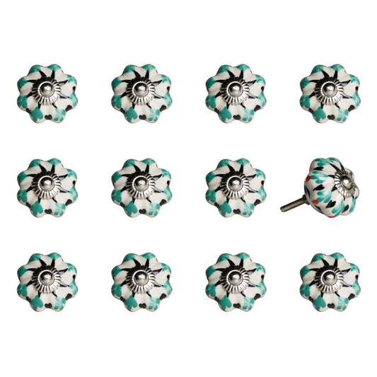 Set of Twelve Green Silver And White Geometric Ceramic Drawer Pull Knobs HomeRoots