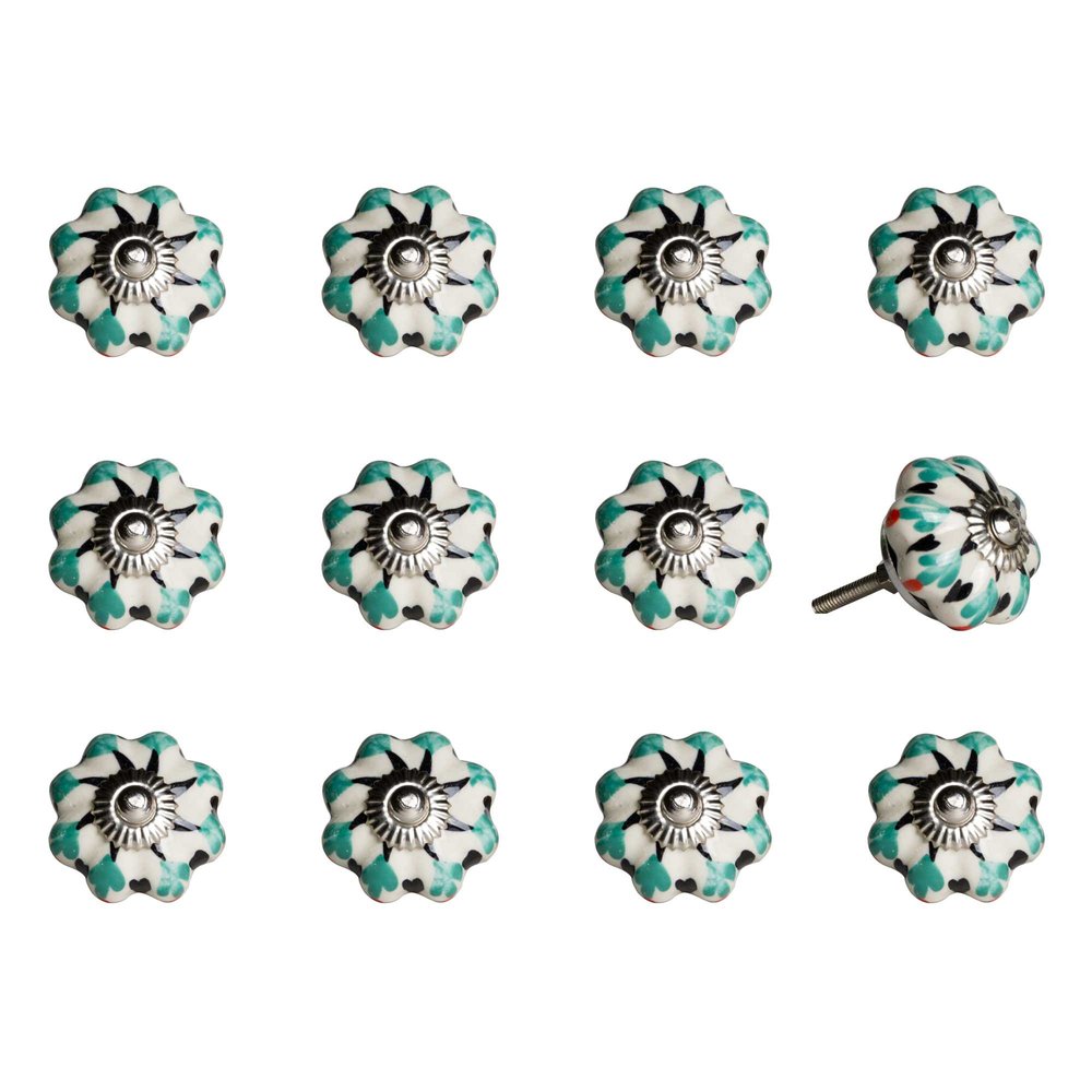 Set of Twelve Green Silver And White Geometric Ceramic Drawer Pull Knobs HomeRoots