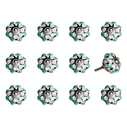 Set of Twelve Green Silver And White Geometric Ceramic Drawer Pull Knobs HomeRoots