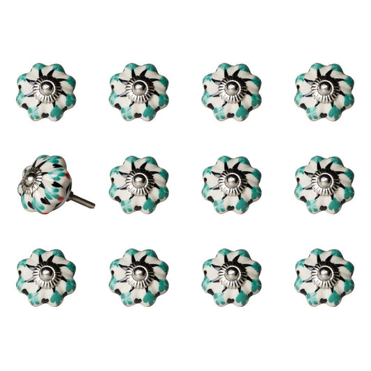 Set of Twelve Green Silver And White Geometric Ceramic Drawer Pull Knobs HomeRoots