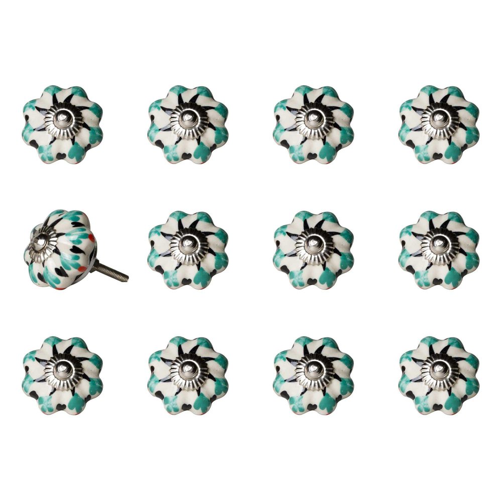 Set of Twelve Green Silver And White Geometric Ceramic Drawer Pull Knobs HomeRoots