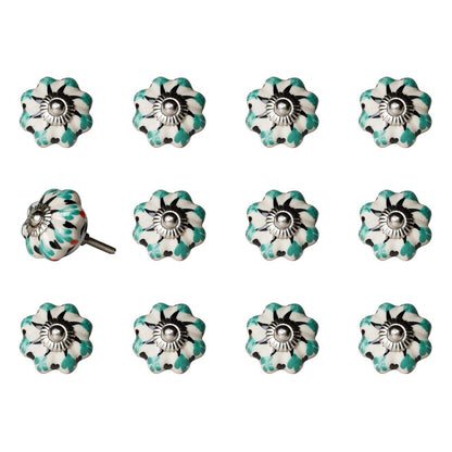 Set of Twelve Green Silver And White Geometric Ceramic Drawer Pull Knobs HomeRoots
