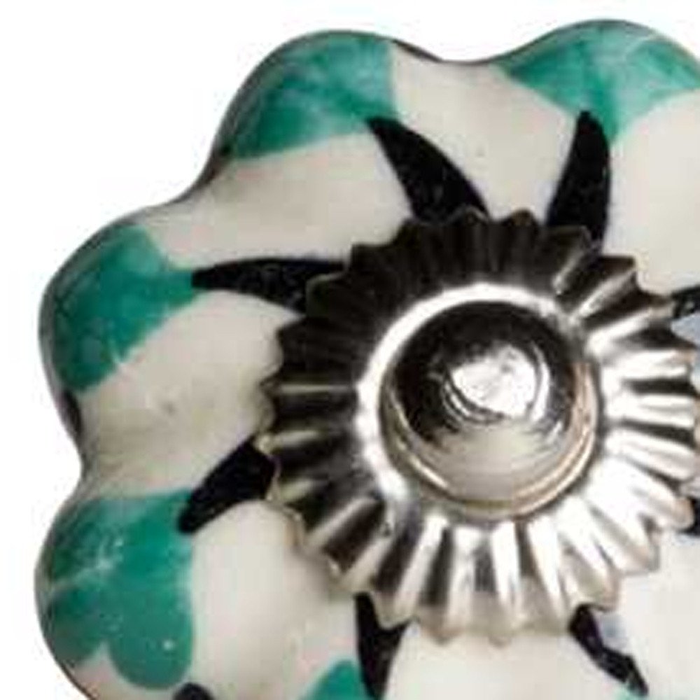 Set of Twelve Green Silver And White Geometric Ceramic Drawer Pull Knobs HomeRoots