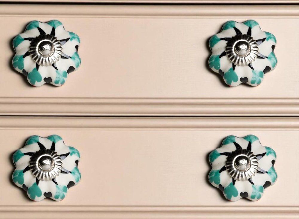 Set of Twelve Green Silver And White Geometric Ceramic Drawer Pull Knobs HomeRoots