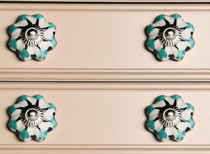 Set of Twelve Green Silver And White Geometric Ceramic Drawer Pull Knobs HomeRoots