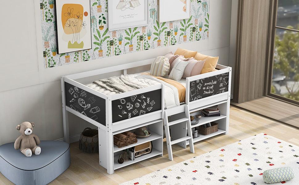 Twin Size Low Loft Bed with Two Movable Shelves and Ladder,with Decorative Guardrail Chalkboard,White - FurniFindUSA