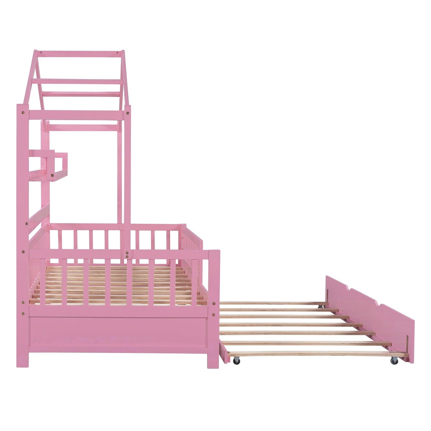 Wooden Twin Size House Bed with Trundle Kids Bed with Shelf Pink - FurniFindUSA