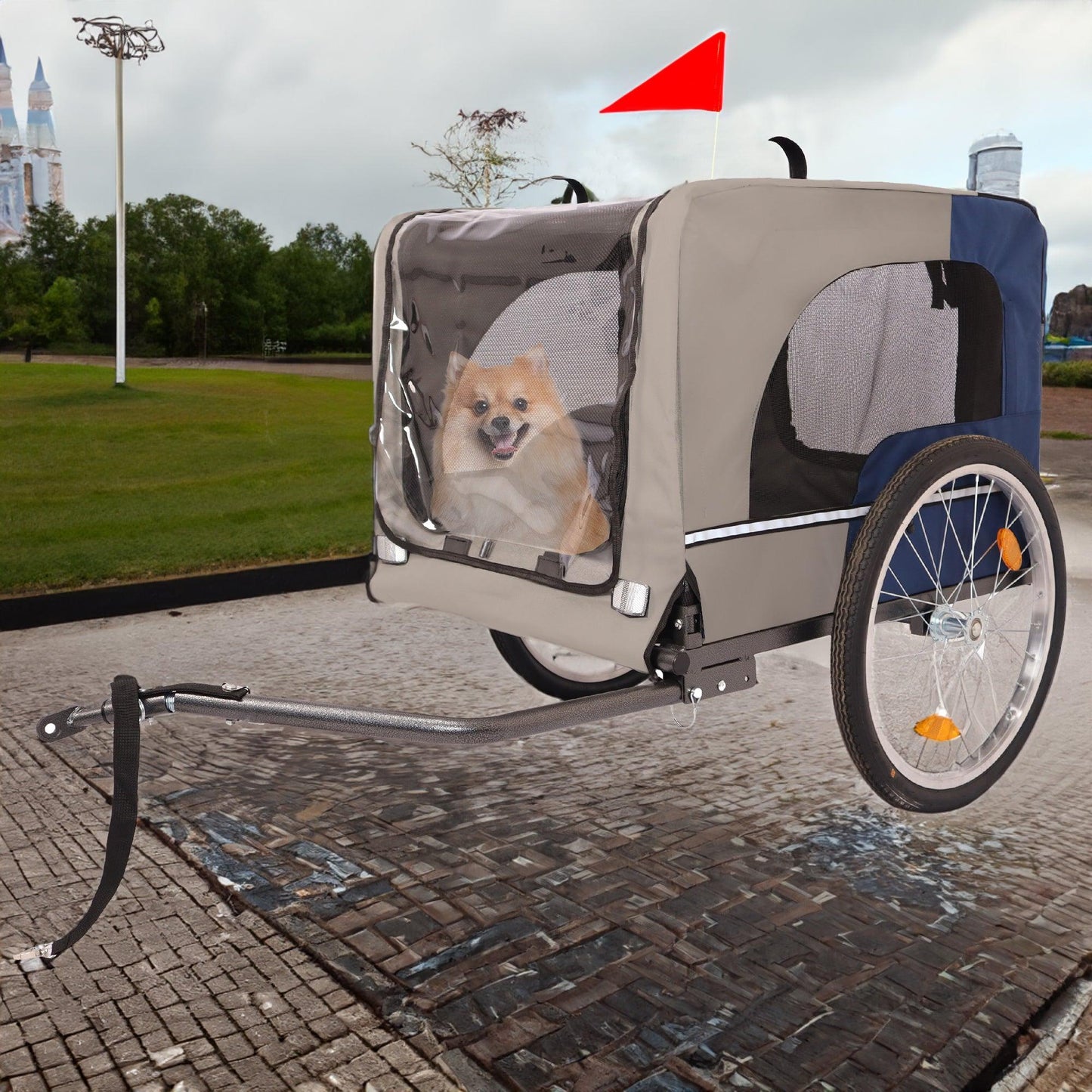 Tangkula Dog Bike Trailer Breathable Mesh Dog Cart with 3 Entrances Safety Flag 8 Reflectors - FurniFindUSA