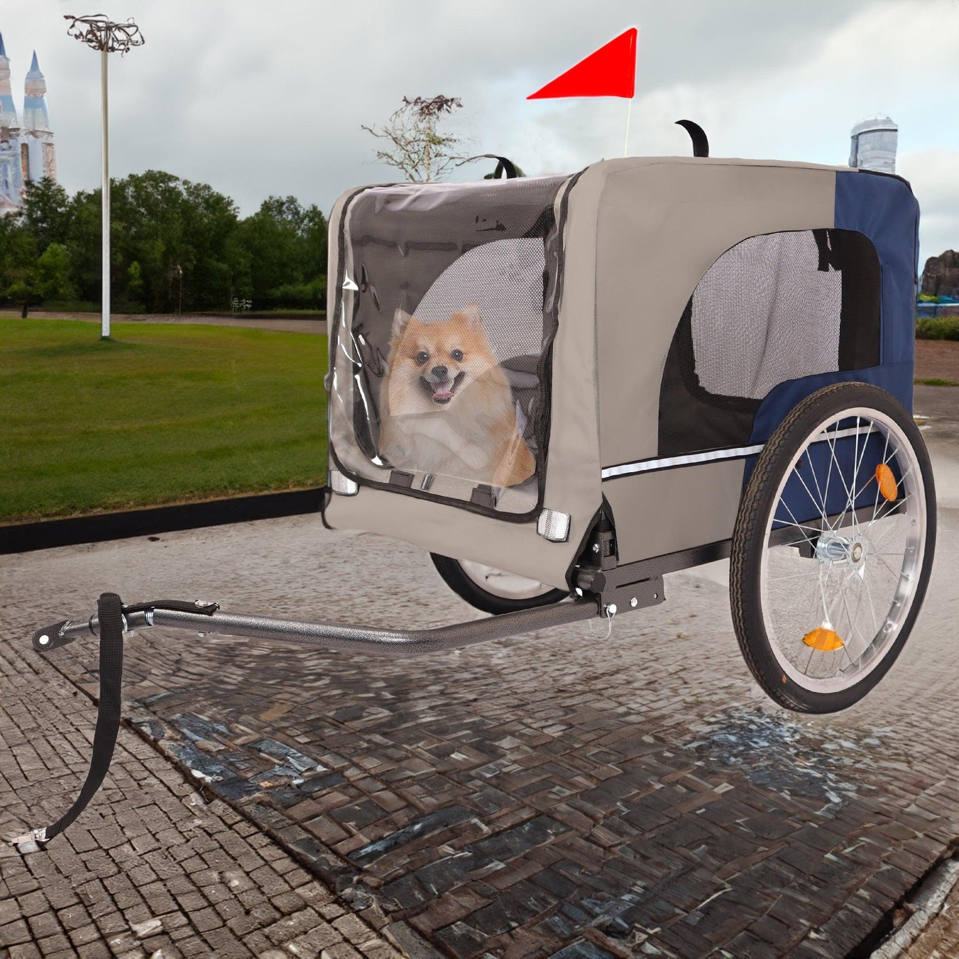 Tangkula Dog Bike Trailer Breathable Mesh Dog Cart with 3 Entrances Safety Flag 8 Reflectors - FurniFindUSA