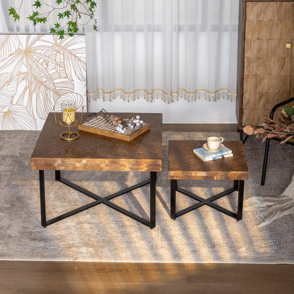 31.3"Modern Retro Splicing Square Coffee Table Fir Wood Table Top with Cross Legs Metal Base (Set of 2 pcs ) - FurniFindUSA