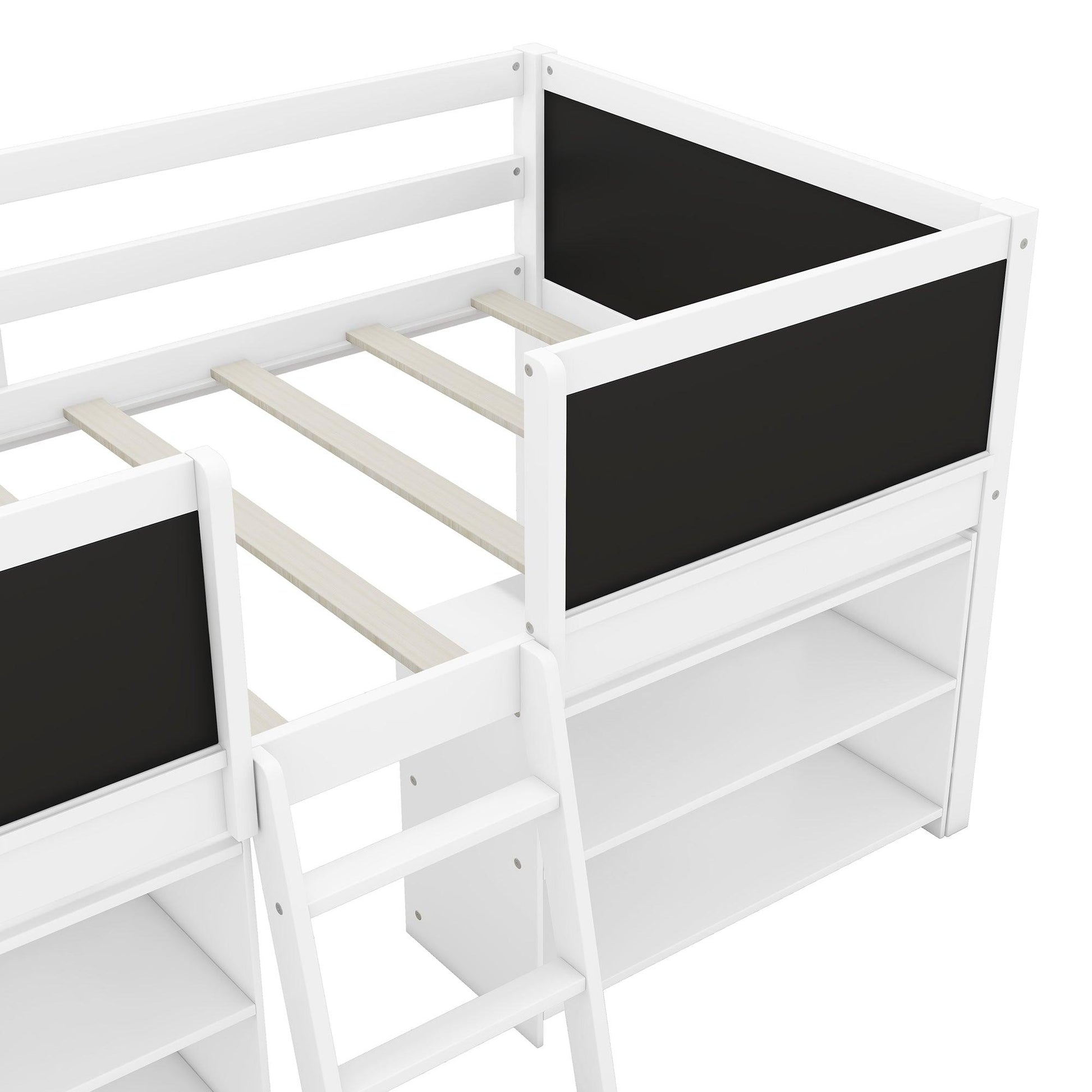 Twin Size Low Loft Bed with Two Movable Shelves and Ladder,with Decorative Guardrail Chalkboard,White - FurniFindUSA