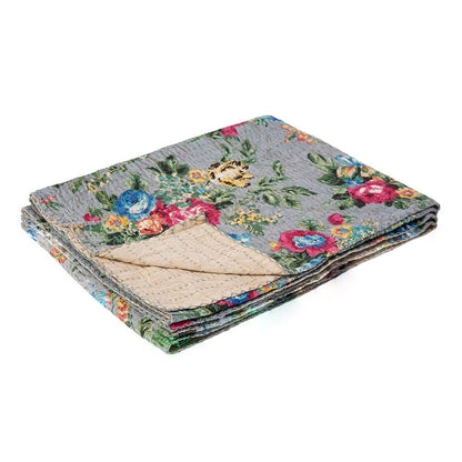 50" X 70" Pink Gray and Blue Kantha Cotton Floral Throw Blanket with Embroidery HomeRoots