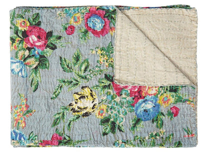 50" X 70" Pink Gray and Blue Kantha Cotton Floral Throw Blanket with Embroidery HomeRoots