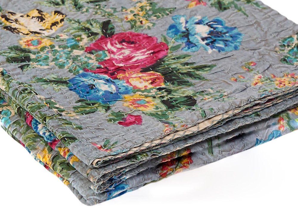 50" X 70" Pink Gray and Blue Kantha Cotton Floral Throw Blanket with Embroidery HomeRoots