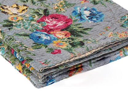 50" X 70" Pink Gray and Blue Kantha Cotton Floral Throw Blanket with Embroidery HomeRoots