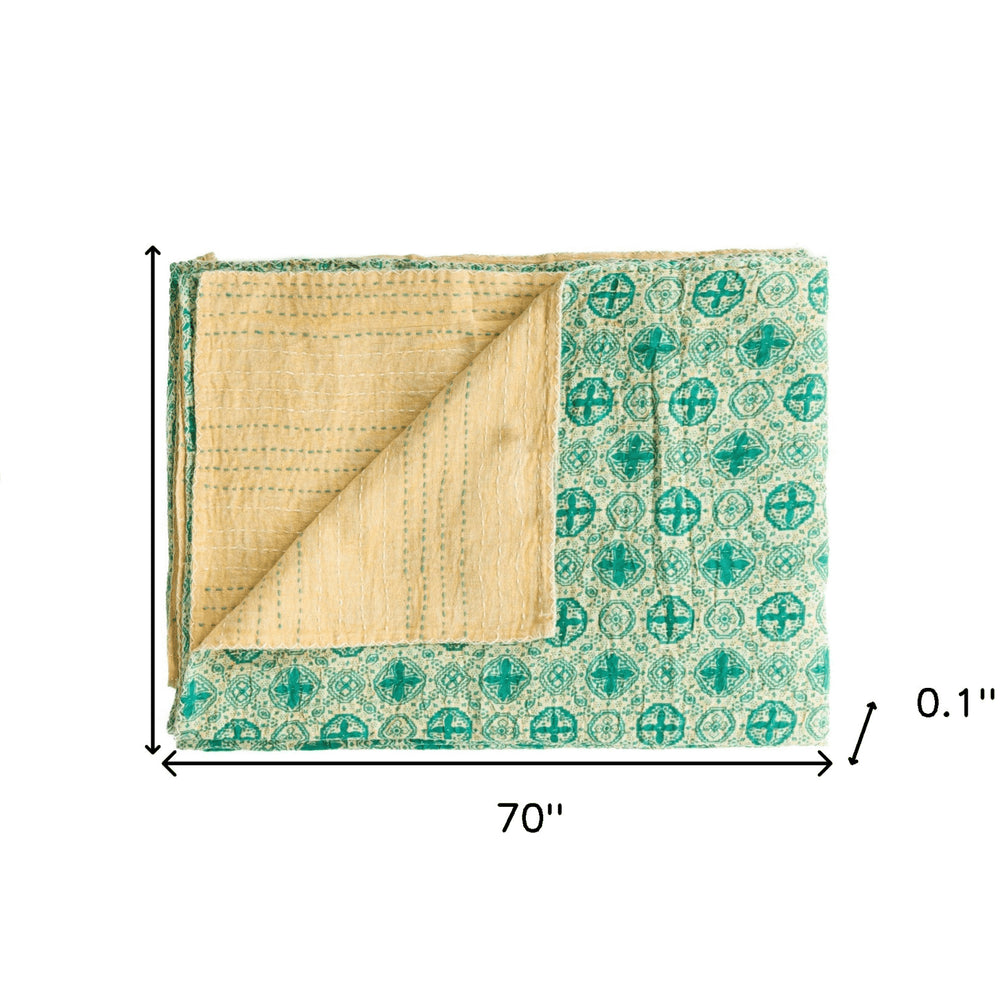 50" X 70" Green and Ivory Kantha Cotton Geometric Throw Blanket with Embroidery HomeRoots