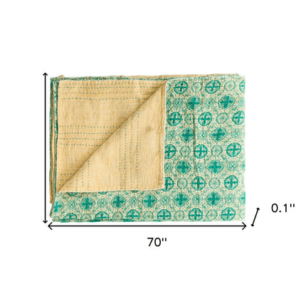 50" X 70" Green and Ivory Kantha Cotton Geometric Throw Blanket with Embroidery HomeRoots