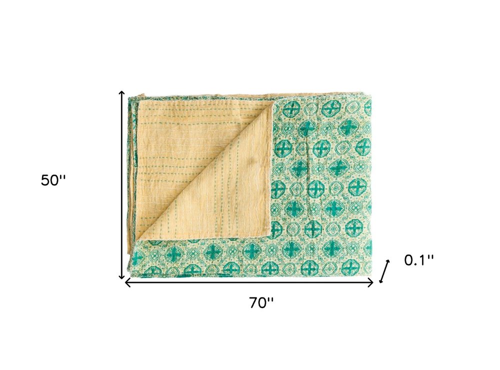 50" X 70" Green and Ivory Kantha Cotton Geometric Throw Blanket with Embroidery HomeRoots