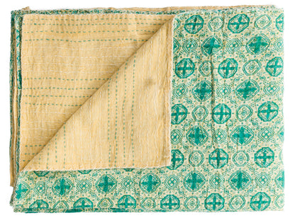 50" X 70" Green and Ivory Kantha Cotton Geometric Throw Blanket with Embroidery