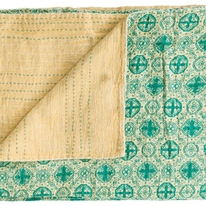 50" X 70" Green and Ivory Kantha Cotton Geometric Throw Blanket with Embroidery HomeRoots