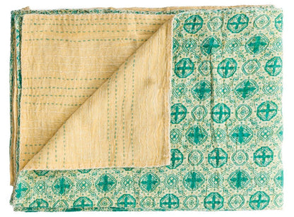 50" X 70" Green and Ivory Kantha Cotton Geometric Throw Blanket with Embroidery HomeRoots