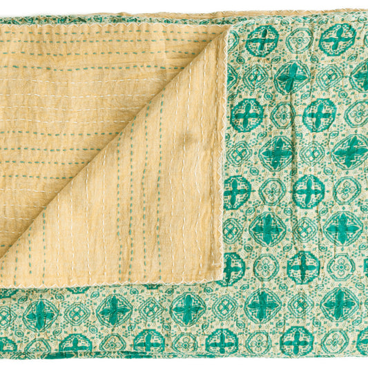 50" X 70" Green and Ivory Kantha Cotton Geometric Throw Blanket with Embroidery HomeRoots