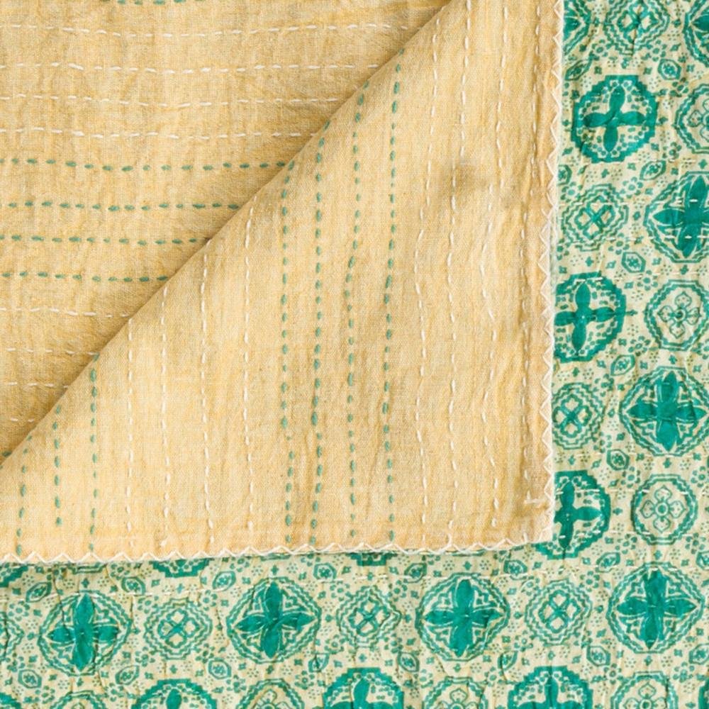 50" X 70" Green and Ivory Kantha Cotton Geometric Throw Blanket with Embroidery HomeRoots