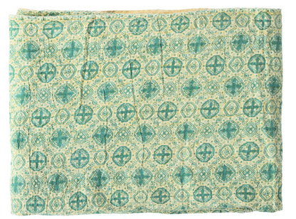 50" X 70" Green and Ivory Kantha Cotton Geometric Throw Blanket with Embroidery