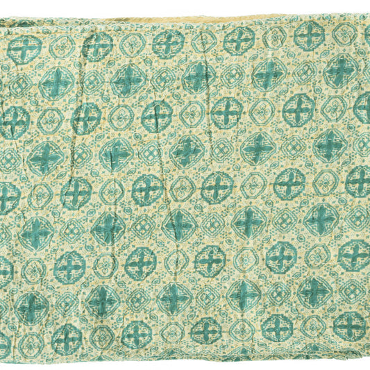 50" X 70" Green and Ivory Kantha Cotton Geometric Throw Blanket with Embroidery HomeRoots