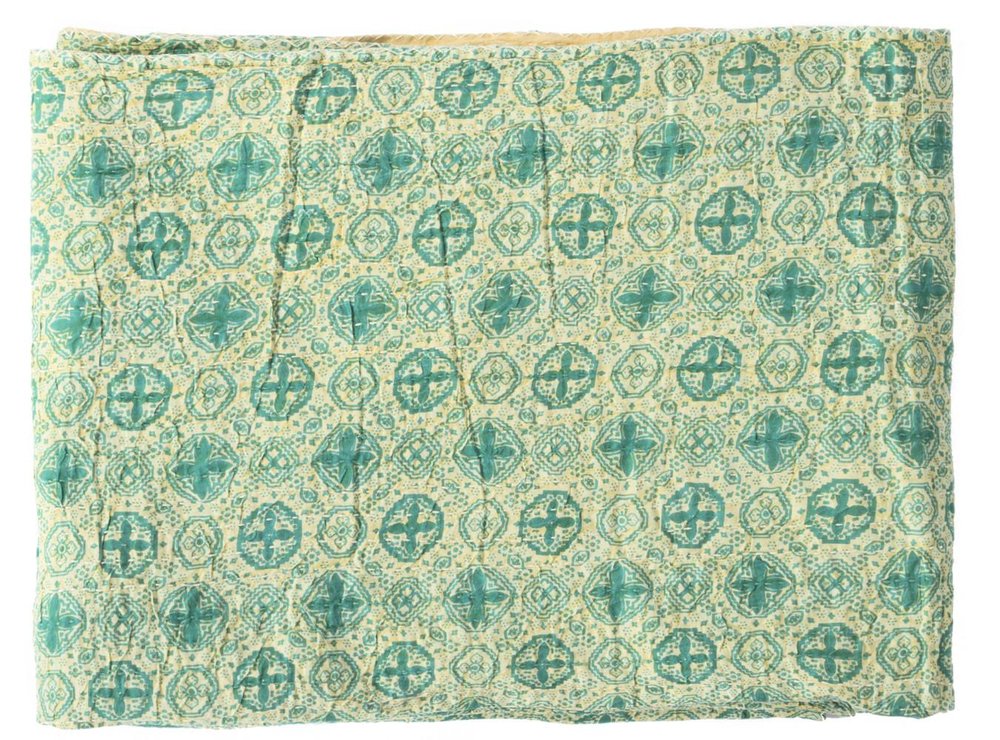 50" X 70" Green and Ivory Kantha Cotton Geometric Throw Blanket with Embroidery HomeRoots