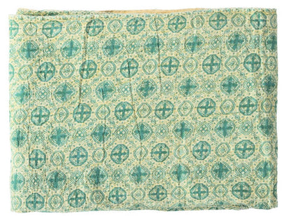50" X 70" Green and Ivory Kantha Cotton Geometric Throw Blanket with Embroidery HomeRoots