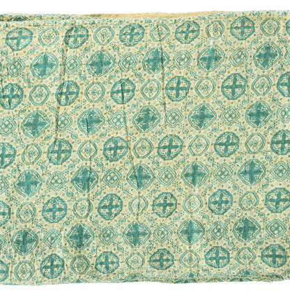 50" X 70" Green and Ivory Kantha Cotton Geometric Throw Blanket with Embroidery HomeRoots
