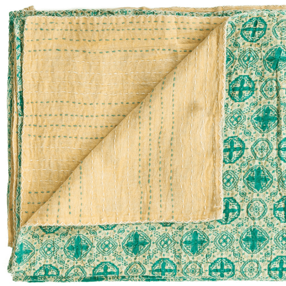 50" X 70" Green and Ivory Kantha Cotton Geometric Throw Blanket with Embroidery HomeRoots