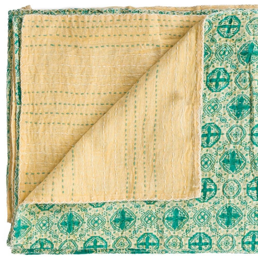 50" X 70" Green and Ivory Kantha Cotton Geometric Throw Blanket with Embroidery — view 4