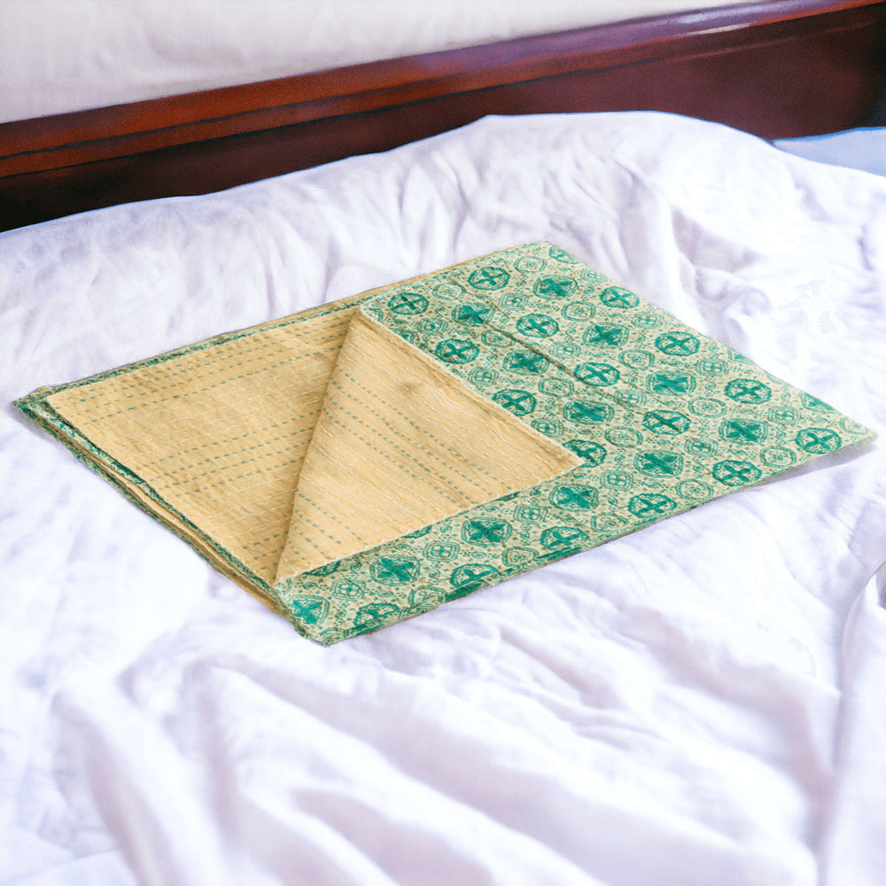 50" X 70" Green and Ivory Kantha Cotton Geometric Throw Blanket with Embroidery HomeRoots